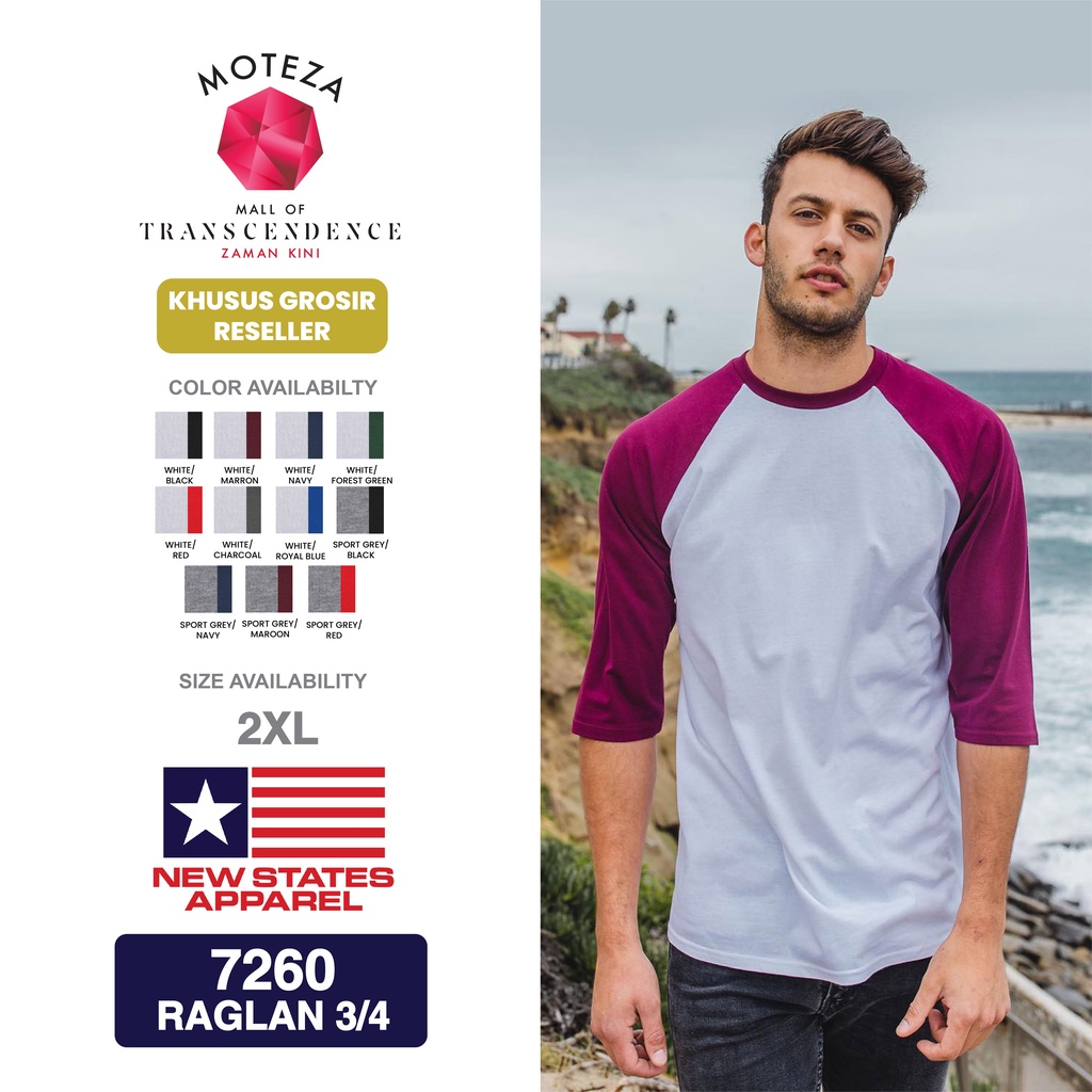 Moteza Kaos Combed 24s - NSA New States Apparel Premium Cotton 3/4 Raglan 7260 - XXL - GROSIR