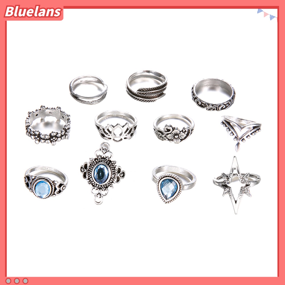 Bluelans 11Pcs Women Retro Hollow Rhinestone Knuckle Midi Finger Tip Stacking Joint Ring