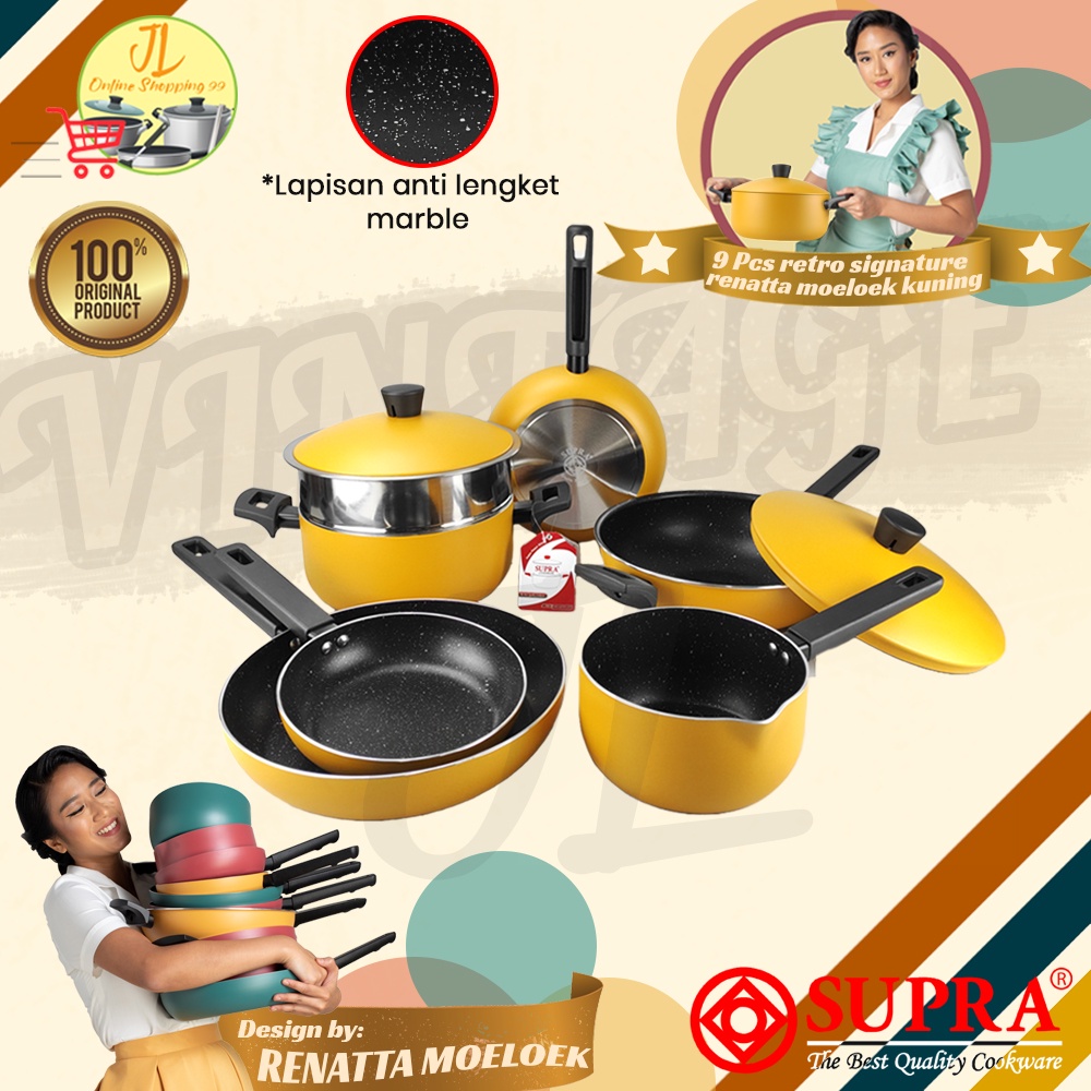 9pcs panci set retro Kuning by renatta moeloek SUPRA / cookware set new series RETRO / panci set alu