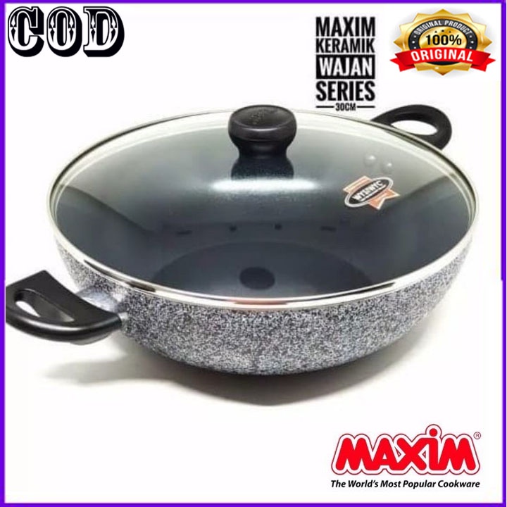 MAXIM CERAMIC WOK 30 CM TUTUP KACA ORI + 30CM DEEP WOK TUTUP KACA ORI BERGARANSI RESMI MANTAP