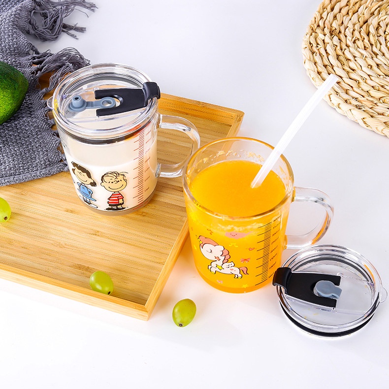LUCKY 400ML Gelas Anak Kaca Bening dengan Gagang dan Tutup Anti Bocor