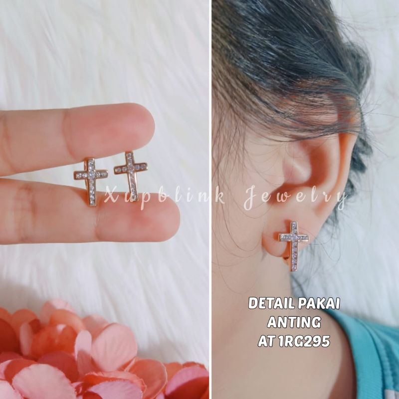 Anting Titanium Salib Permata Anti Karat Anting Klip Wanita