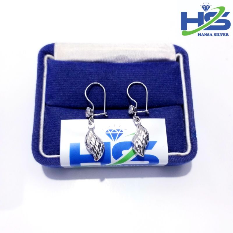 Anting Perak Asli Silver 925 Lapis Emas Putih Model Agogo Daun Ukir - Perak Asli 925 Anti Karat