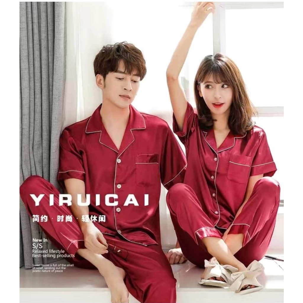 Setelan baju tidur piyama couple satin silk