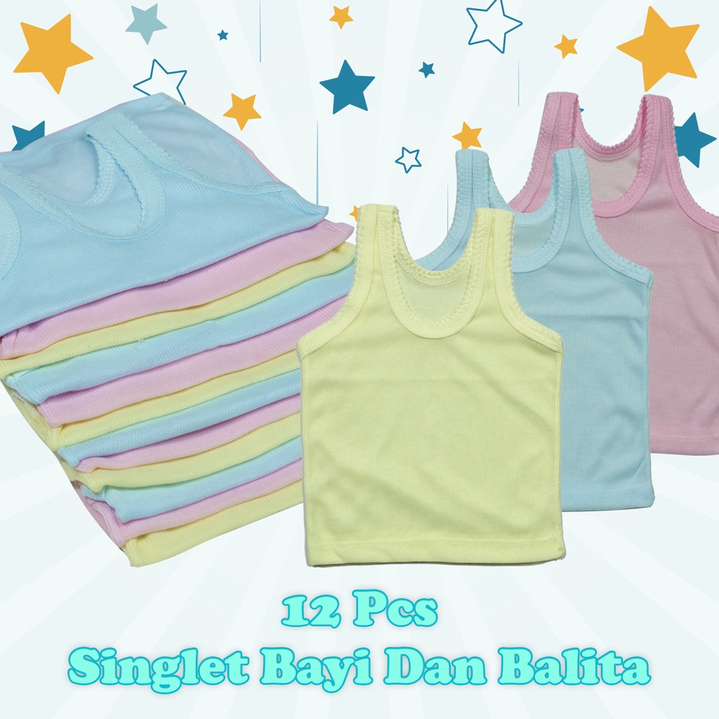 12 Pcs Kaos singlet bayi &amp; balita S, M, L, XL Dan L3 Warna Dan Putih Murah ( 1 Lusin )