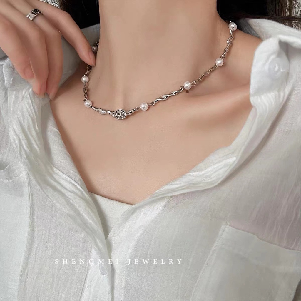 Kalung Rantai Klavikula Hias Mutiara Zircon Warna Silver Gaya Perancis Untuk Wanita