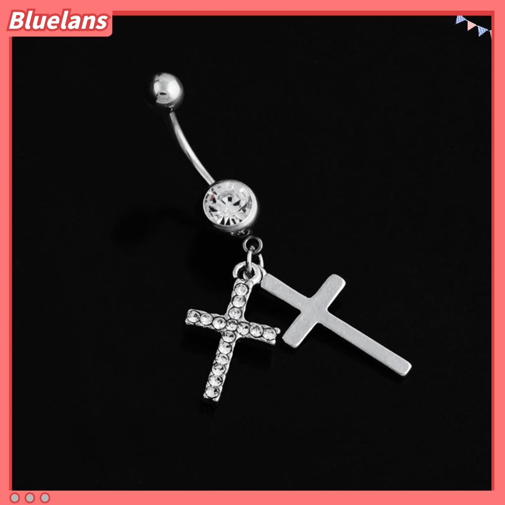 Bluelans Rhinestone Double Cross Dangle Navel Belly Button Barbell Ring Body Piercing Jewelry