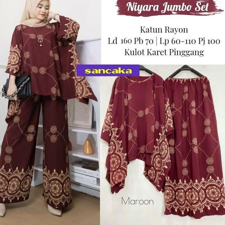 Murah NIYARA JUMBO SET Baju Setelan One Set Batwing Tunik Waka Waka Kulot Celana Panjang Motif Batik