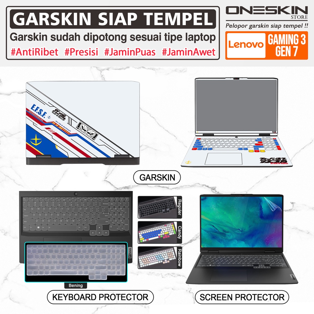 Garskin Sticker Laptop Pelindung Screen Keyboard Protector Lenovo IdeaPad Gaming 3 3i-15 15ARH7 15IAH7 Gambar Full Body Silikon Bening Glossy Doff