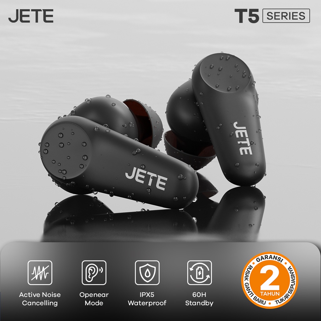 TWS Earbuds Headset Bluetooth | Earphone Bluetooth JETE T5 ANC Active Noise Cancelling - Garansi  2 Tahun