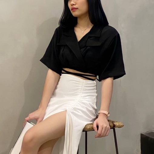 Tied Blazer / Tied Shirt / Kemeja Crop / Blazer Wanita Lengan Pendek