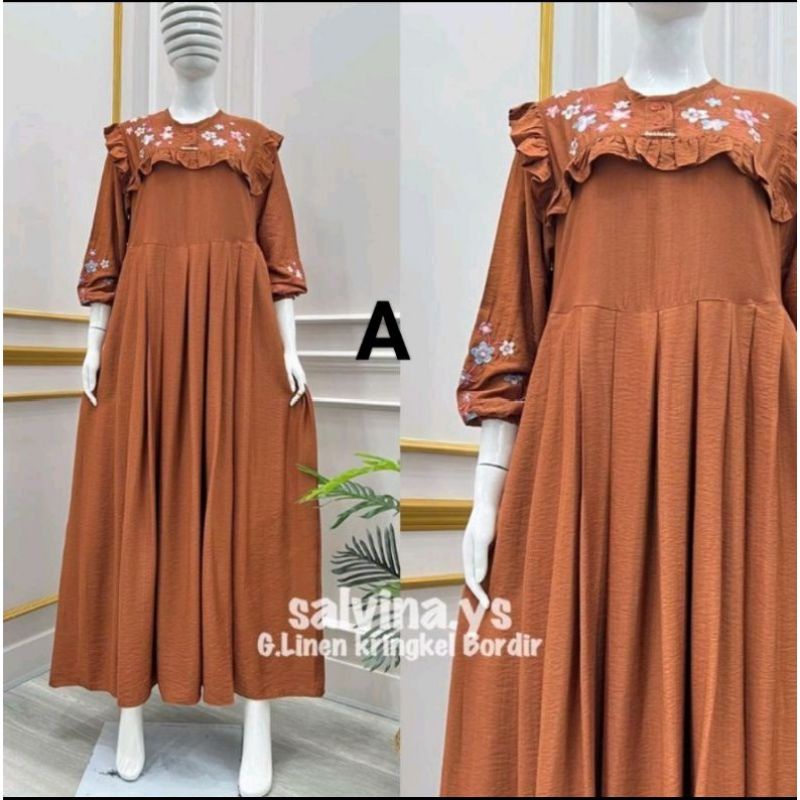 Gamis salvina ori kringkel linen bordir