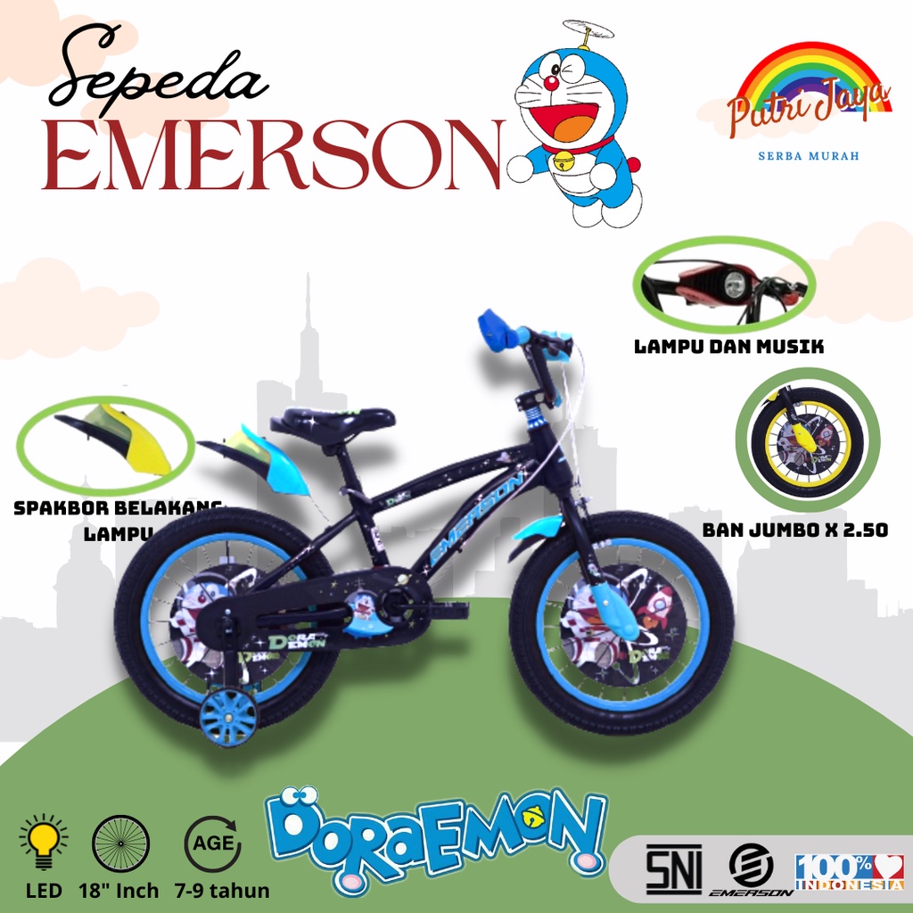Sepeda Anak Laki-laki BMX Emerson Doraemon ukuran 18 Inch untuk usia 6-9 tahun