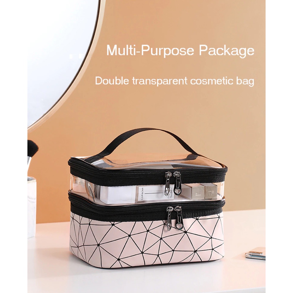 Tas Kosmetik Double Layer Travel Pouch Penyimpanan Makeup Transparan