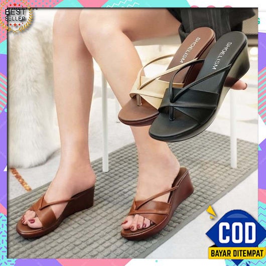 Sandal Branded Weges Korean Style Kondangan Sandal jit Cewek Sepatu Sandal Wedges Ibu-Ibu Cod Empuk 
