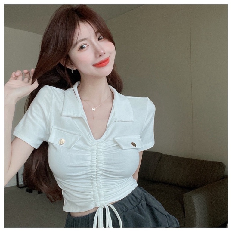 KOREAN KNITT TOP MODEL KERUT TALI VARIASI KANCING IMPORT (BJCN830)
