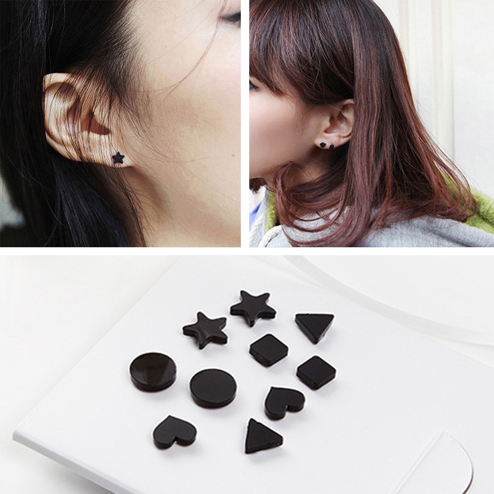 Anting Magnet Tanpa Lubang Telinga Bentuk Geometris Warna Hitam Gaya Korea Untuk Unisex