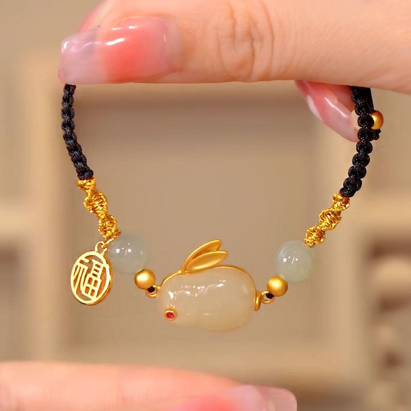 Gelang Giok Fengshui Handmade 2023 Tahun Kelinci Lapis Emas 18K Untuk Hadiah Festival