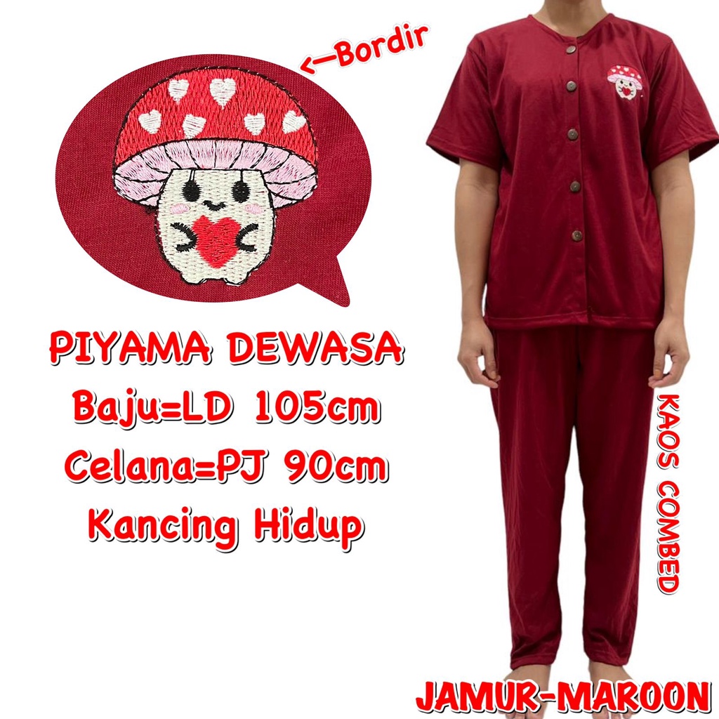 (1 KG MUAT 3 STEL) BAJU TIDUR DEWASA PEREMPUAN PIYAMA KAOS CP KANCING BORDIR MERAH MAROON JAMUR/MUSHROOM