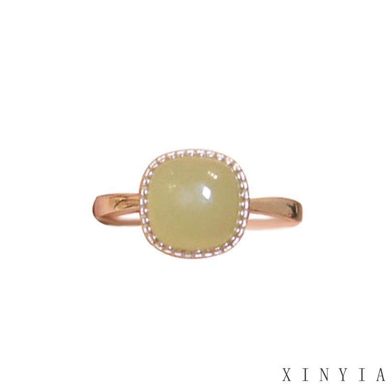 【Bayar di tempat】Cincin Giok Hetian Lapis Emas 18K Gaya INS Vintage Hotan Jade Sugar Ring Untuk Wanita Korea Fashion Gaya Vintage Minimalis Untuk Wanita