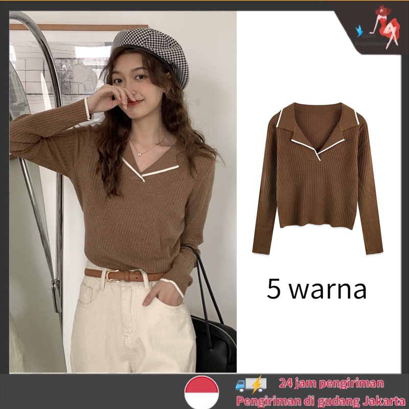 Knitwear Atasan Polos Wanita Lengan Panjang Sweater Rajut Korea