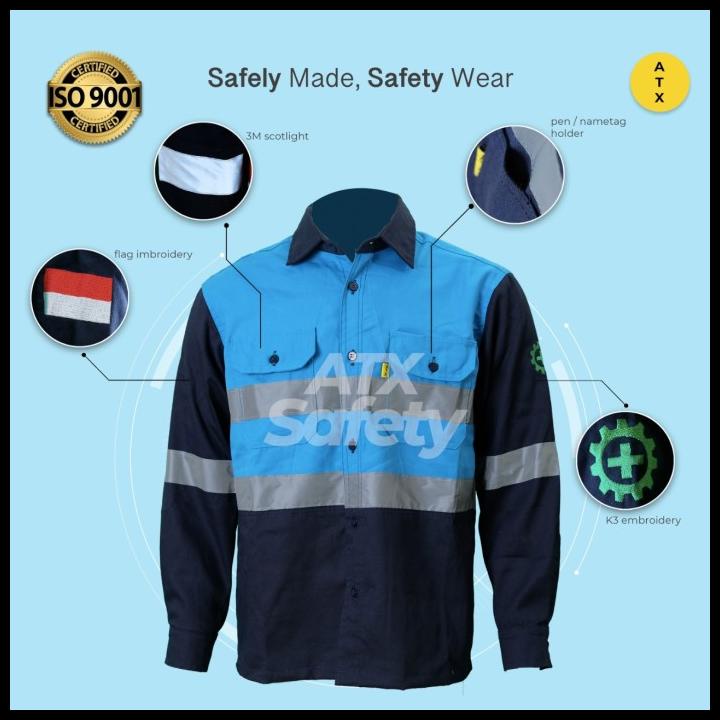 Wearpack Safety Baju Kerja Lengan Panjang Kombinasi Biru Pln Navy Atx