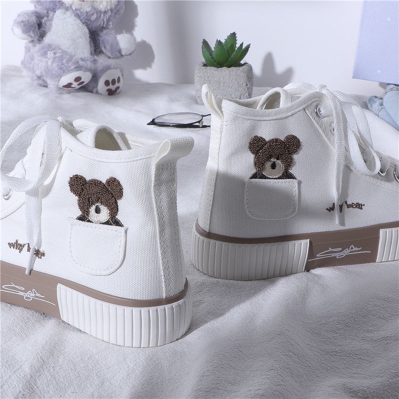 Sepatu Sneakers Korea Why Bear Putih Coklat Tinggi Import / Sepatu Kanvas Wanita Korean Styles Women Fashion