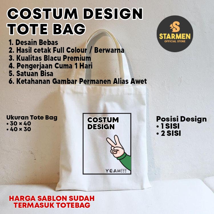 COSTUM TOTEBAG SATUAN , GRUP , LUSINAN | DESIGN BEBAS | BLACU PREMIUM | FULL COLOUR BERWARNA