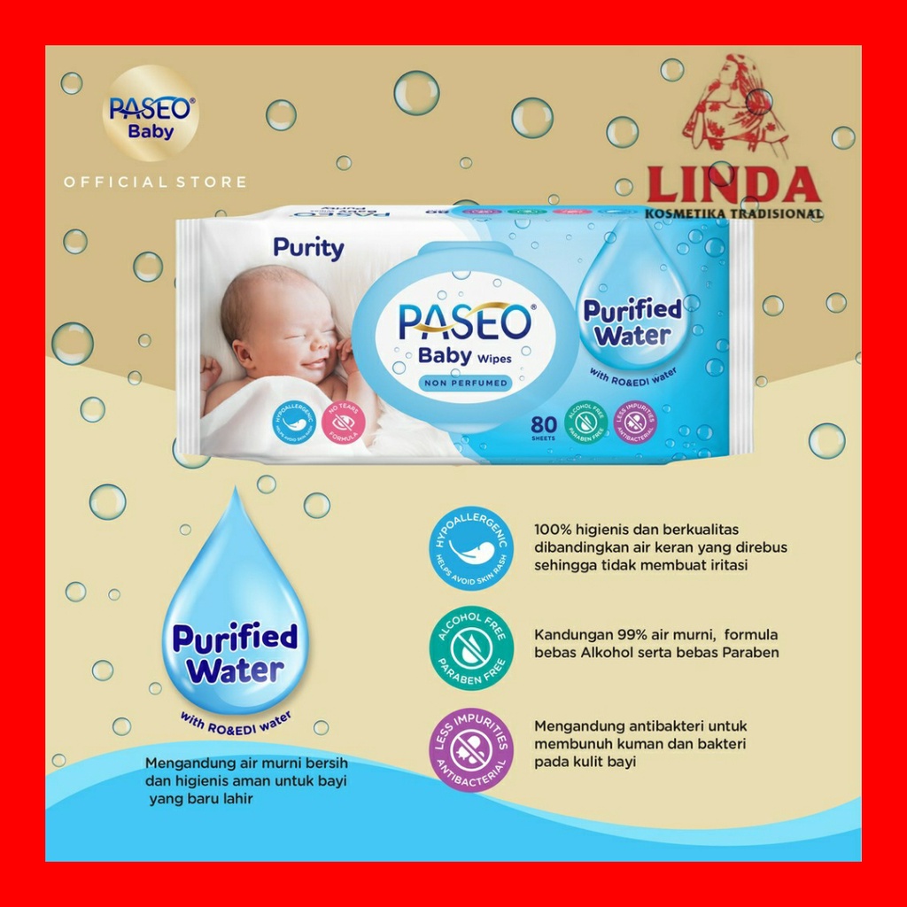 PASEO BABY WIPES PURIFIED WATER 80 SHEETS