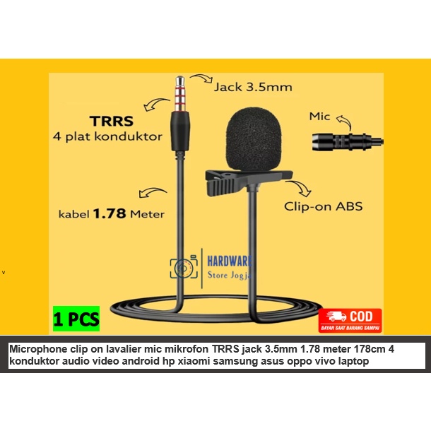 Microphone clip on lavalier mic mikrofon TRRS jack 3.5mm 1.78 meter 178cm 4 konduktor audio video an