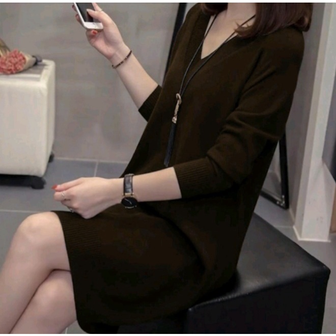 TUNIK KOREAN STYLE - Baju Wanita Kekinian V-NECK - Bahan Rajut Premium