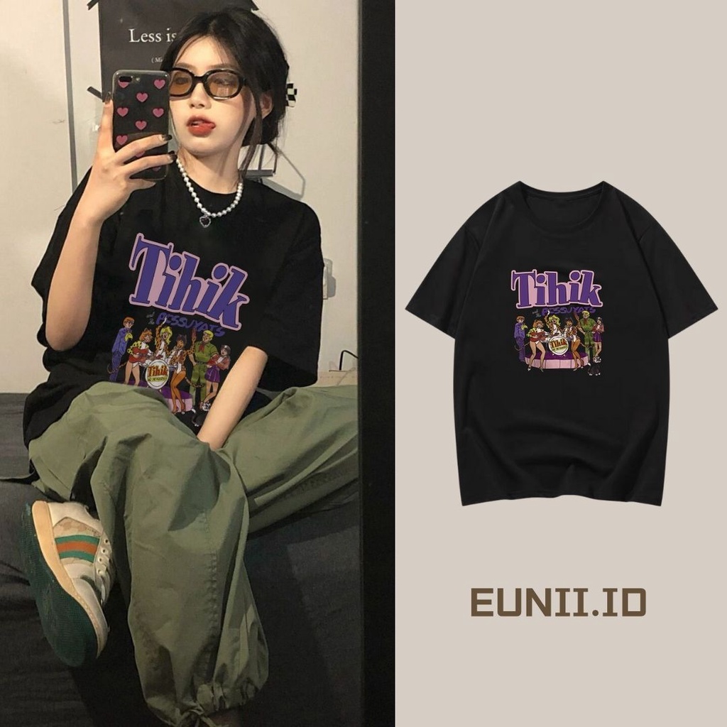 EUNII T-shirt Lengan Pendek Rasa Bahasa Inggris Pencetakan Longgar Korean Style/Kaos Atasan Wanita/Baju Kaus Oversize Wanita