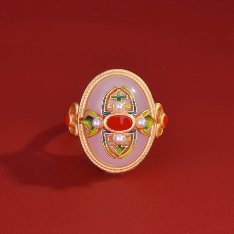 Fancyqube Cincin Model Terbuka Dapat Disesuaikan Bahan Enamel Silver Hias Giok Hetian Gaya China Retro Untuk Wanita