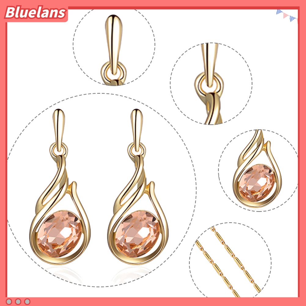 Bluelans Women Rhinestone Oval Faux Quartz Pendant Ear Stud Earrings Necklace Jewelry Set