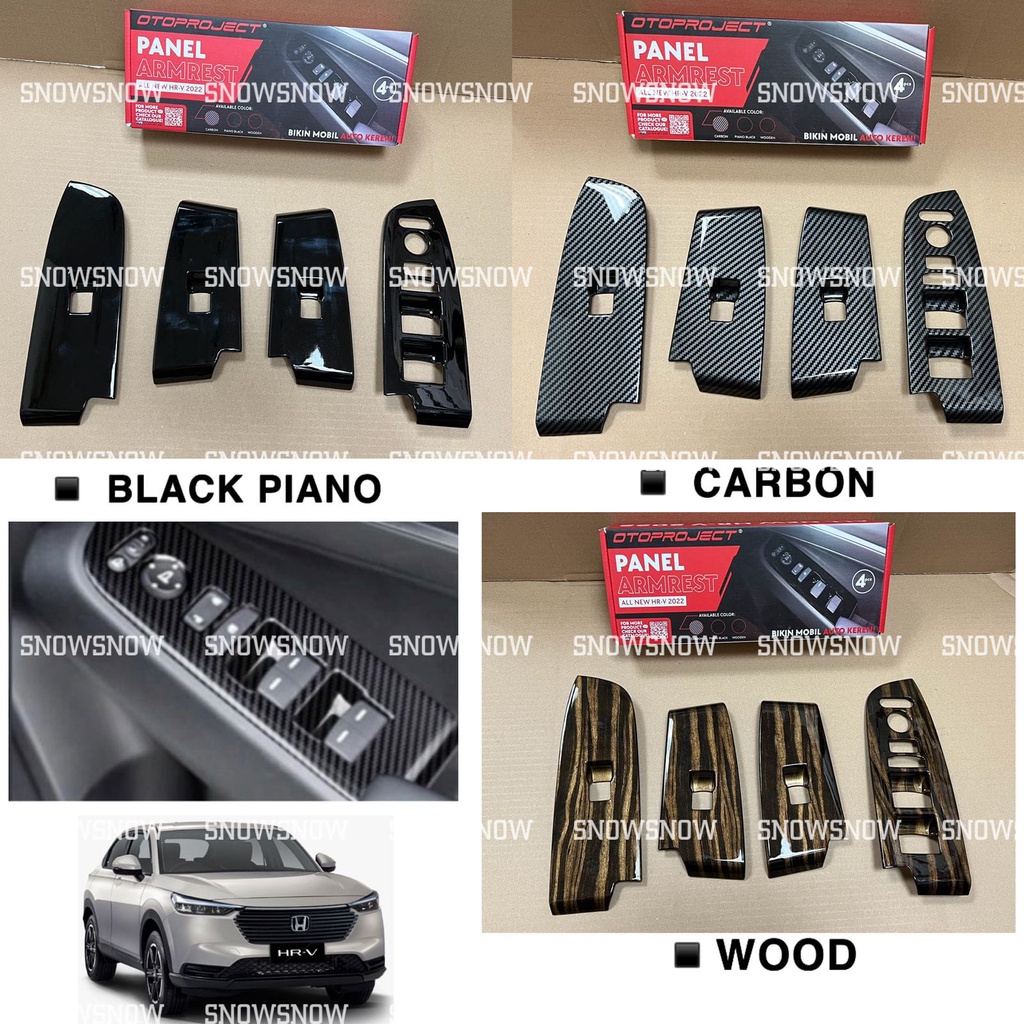 Panel Power Window Armrest Mobil Honda HRV 2022 2023 2024 UP Hitam Wood Carbon