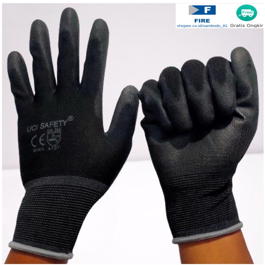 Sarung Tangan Proyek Satpam Anti Slip Hitam Black Hand Gloves Mekanik Montir Berkebun Tukang Telapak Tangan dilapisi karet Bahan Nylon Polyester Elektronik Assembly Static Multi Purpose Polyurethane Kerja Palmfit