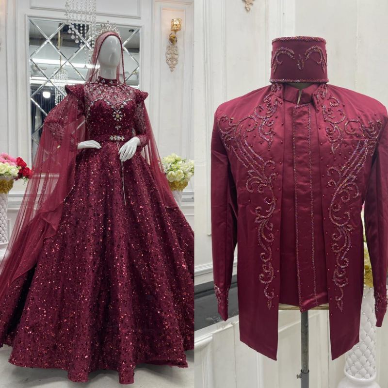 COUPLE GAUN PENGANTIN DAN JAS PREMIUM MEWAH | GAUN PASANGAN | BAJU PENGANTIN COUPLE MODREN