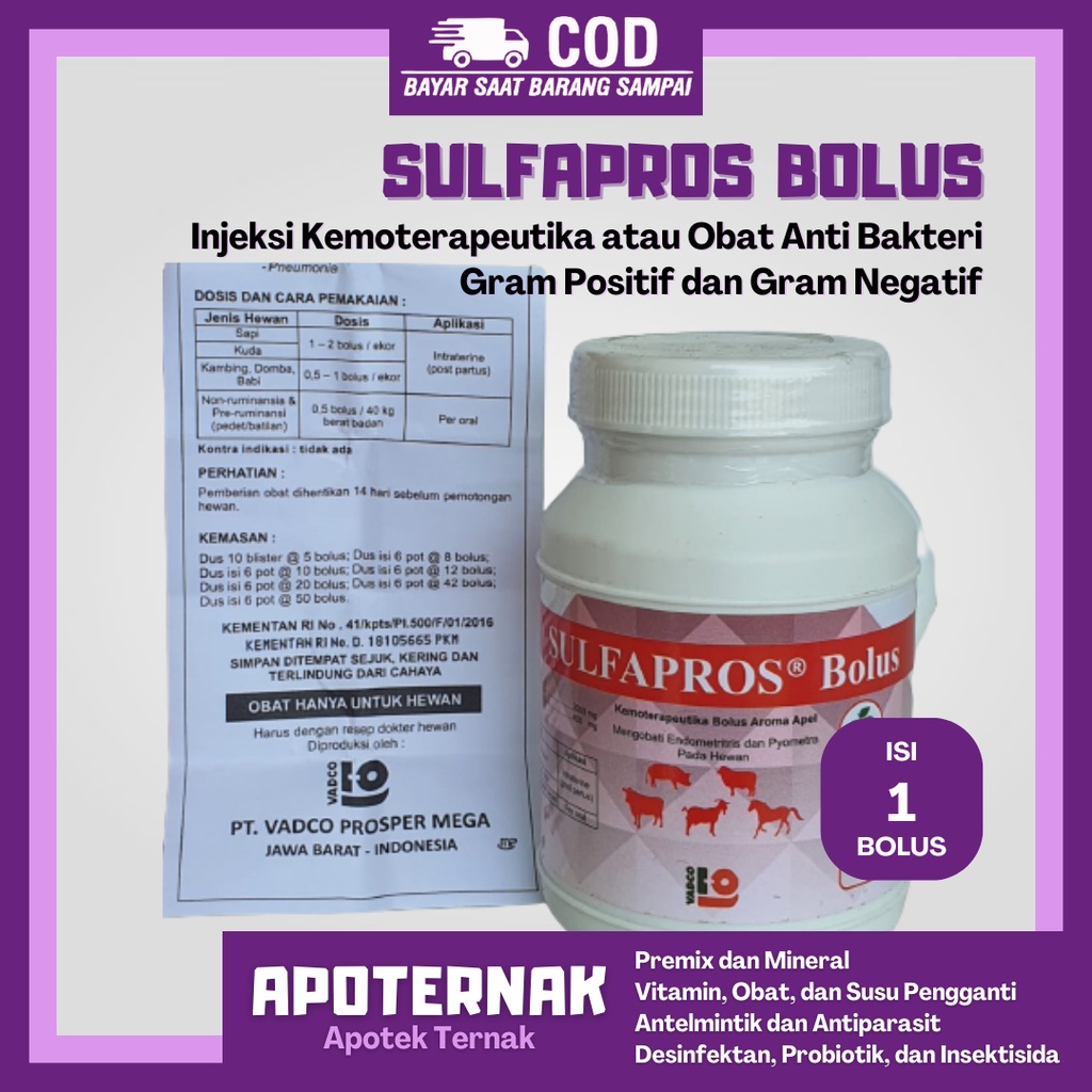 SULFAPROS Bolus @1 Bolus | Antibiotik Sapi Kambing Domba Babi Kuda Aroma Apel | VADCO | Apoternak