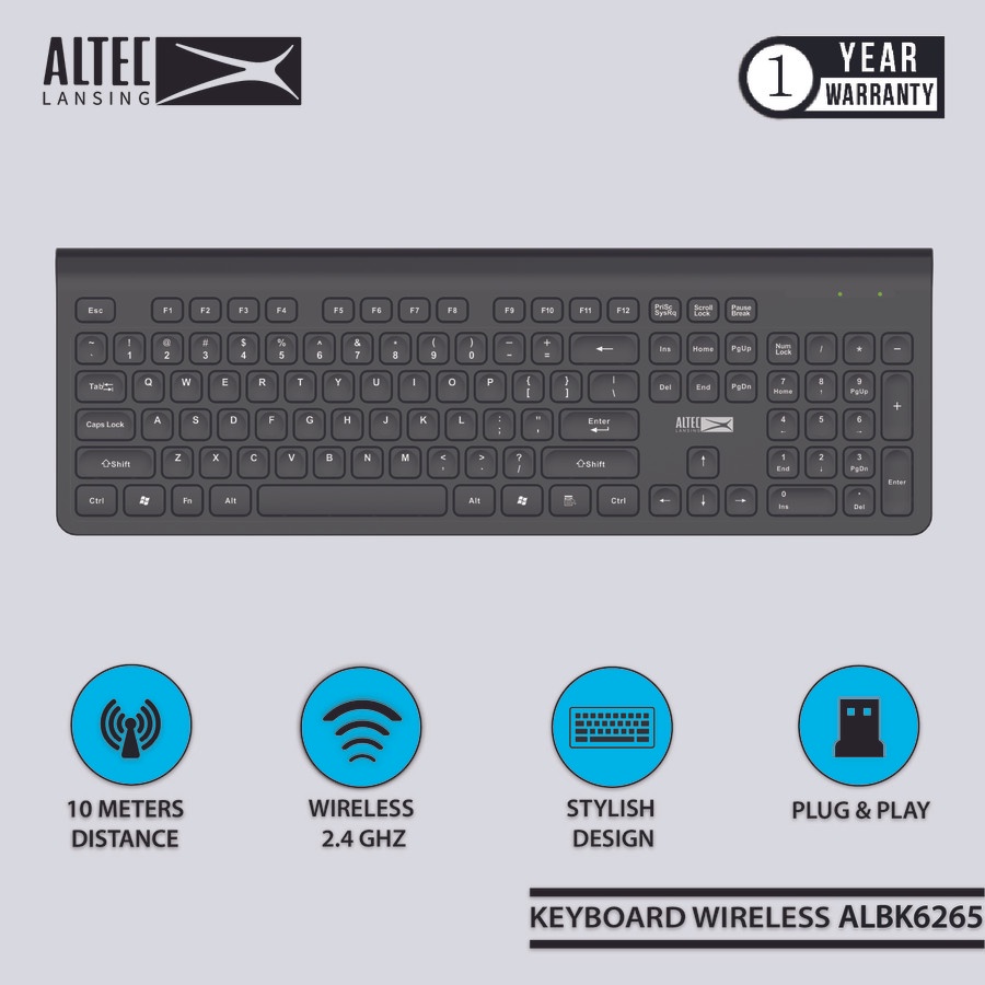 Keyboard altec lansing wireless 2.4ghz usb 104 key membrane full size silent for office gaming pc laptop cpu albk6265 albk-6265