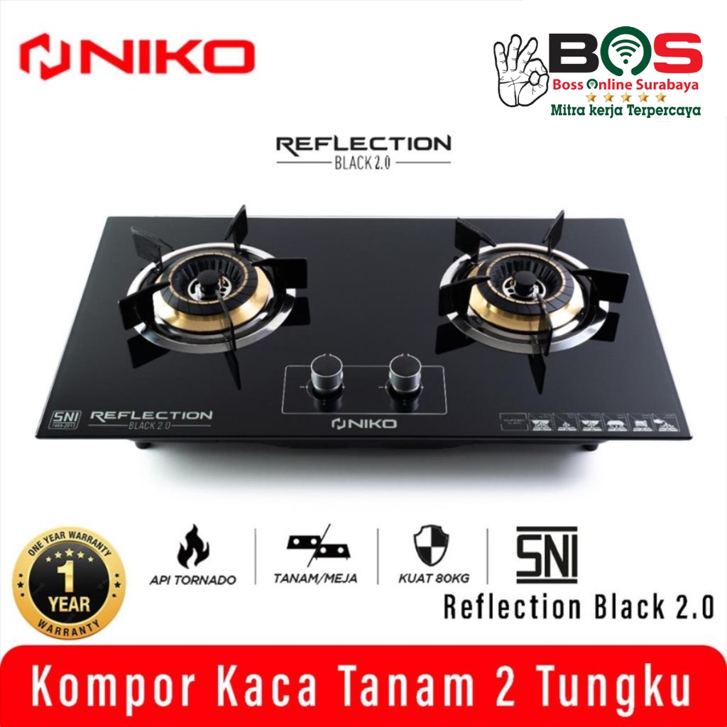 Niko Kompor Kaca 2 Tungku Kompor Tanam Niko Reflection Black 2.0 Kompor Gas Tanam