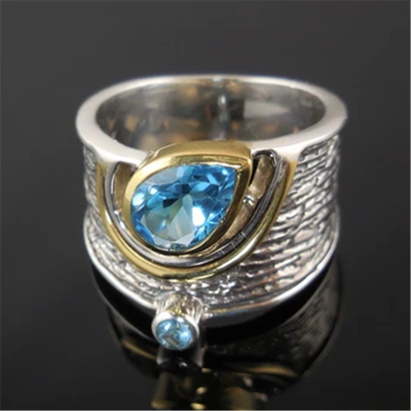 Cincin Kristal Zircon Biru Bahan Metal Gaya Etnik Tradisional Untuk Wanita