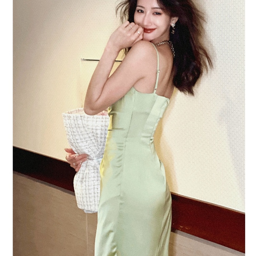 【Moon Blush】Summer Asymmetrical Slip  Bodycon Sleeveless Green Midi Dress 7502