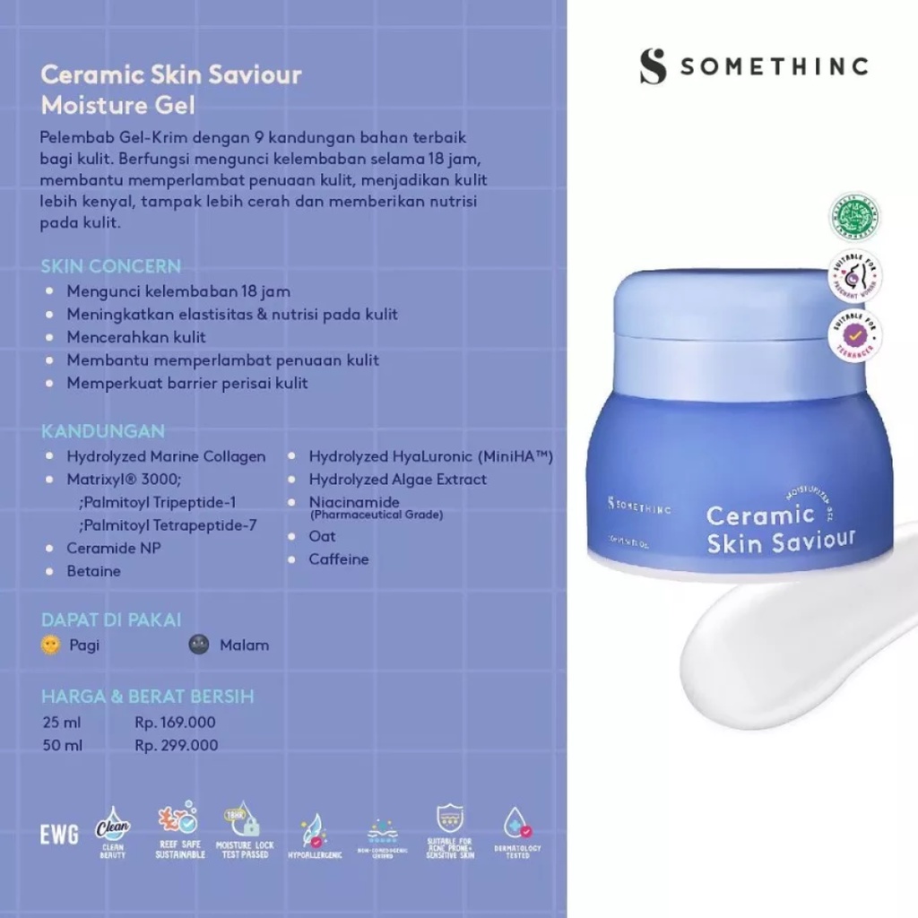 SOMETHINC Ceramic Skin Saviour Moisturizer Gel &amp; Supple Power Hyaluronic9+Onsen Moisture Bomb Gel (Kulit Sensitif) - 25 &amp; 50 ml &amp; Refill- Pelembap Krim Pagi dan Malam