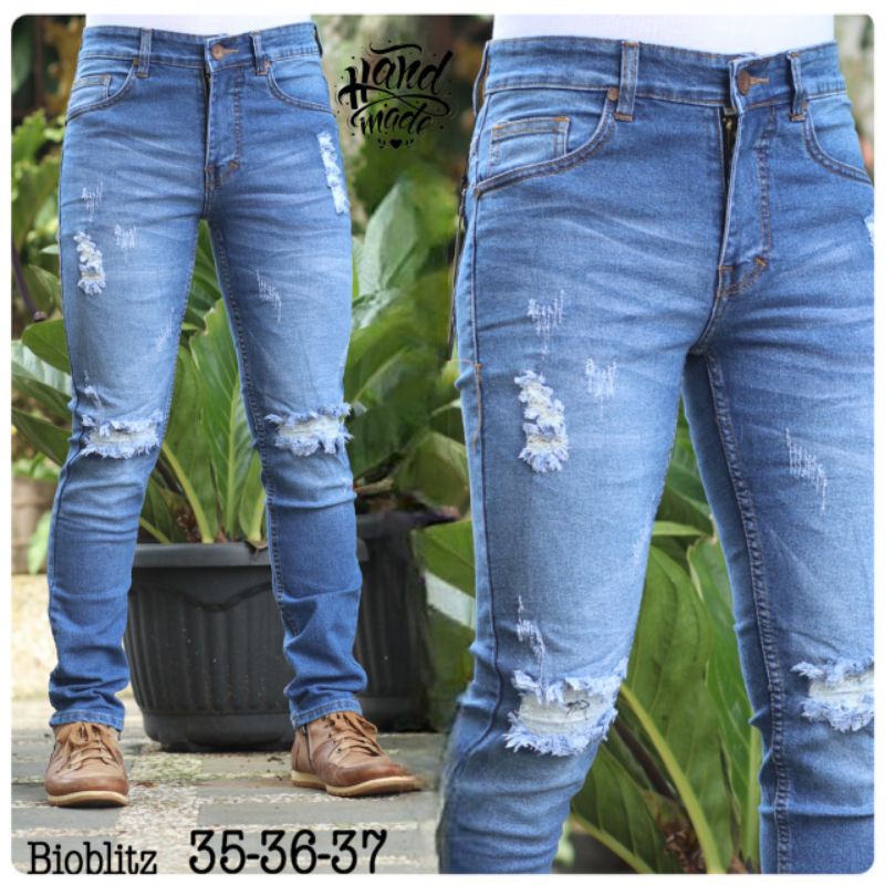 CELANA JEANS PRIA  BIKER JUMBO SOBEK TIDAK TEMBUS RIPPED ORIGINAL HANDAMDE MURAH