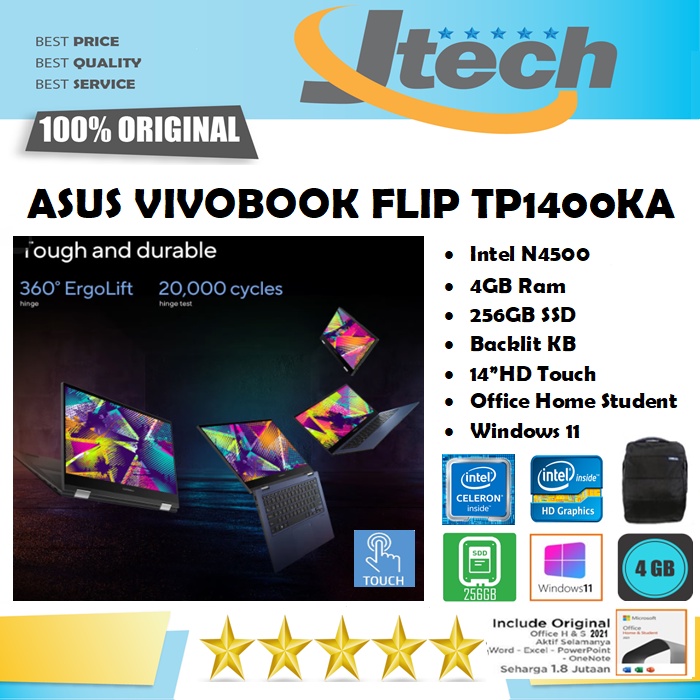 ASUS VIVOBOOK FLIP 14 TP1400KA - N4500 - 4GB - 256GB SSD - 14&quot;TOUCHSCREEN - WIN11 - OFFICE HOME STUDENT