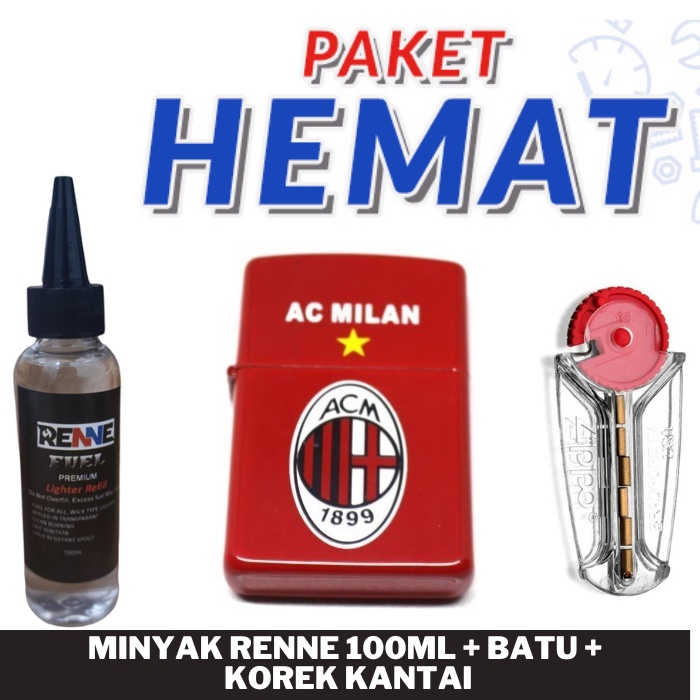 Promo Minyak Zippo + Batu + Sumbu + Korek Api Zippo AC Milan