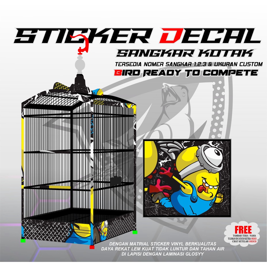 DECAL STICKER SANGKAR KOTAK EBOD KANDANG BURUNG NOMER 1,2,3 MINION BLACK