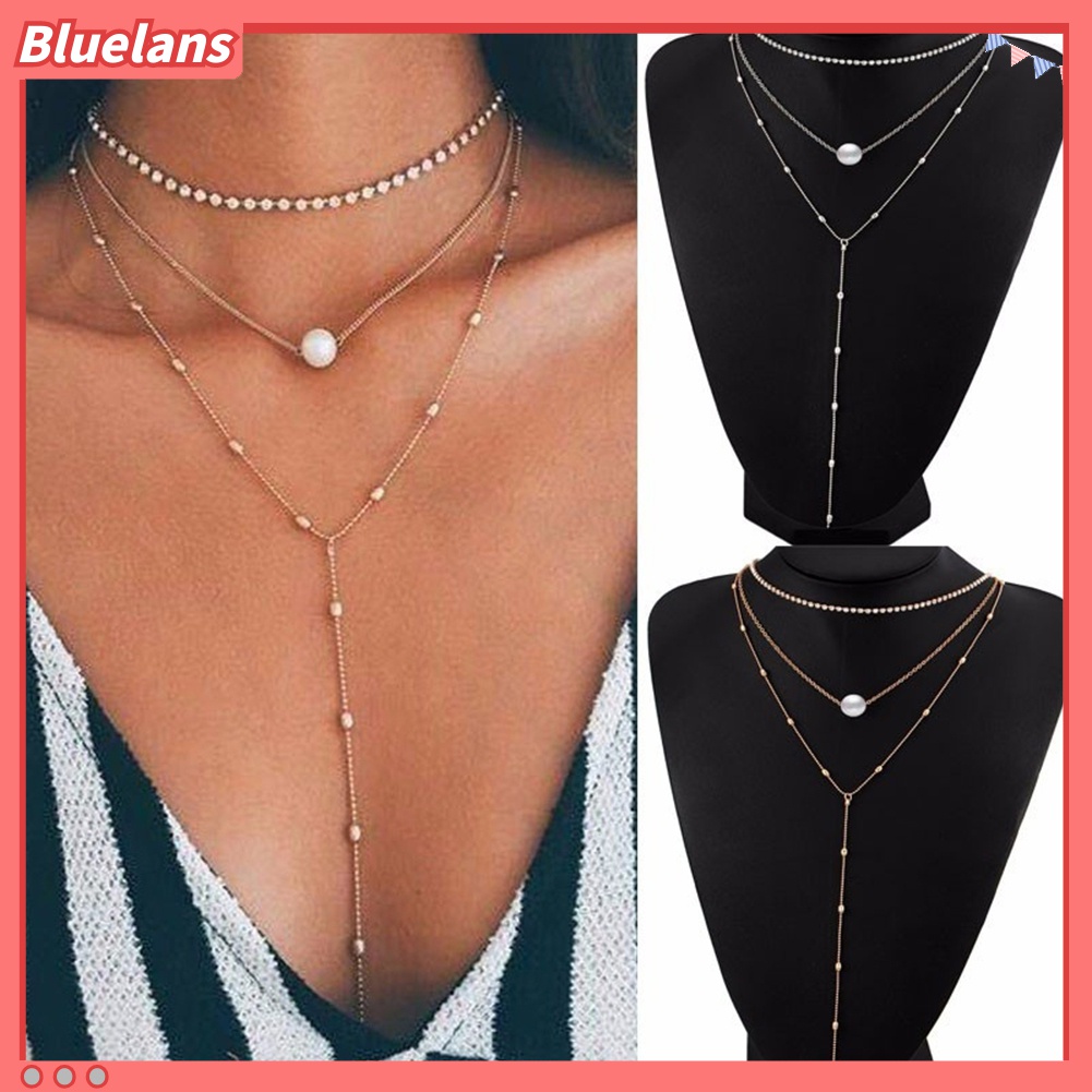 Kalung Choker Rantai Multilayer Hias Mutiara Berlian Imitasi Untuk Wanita