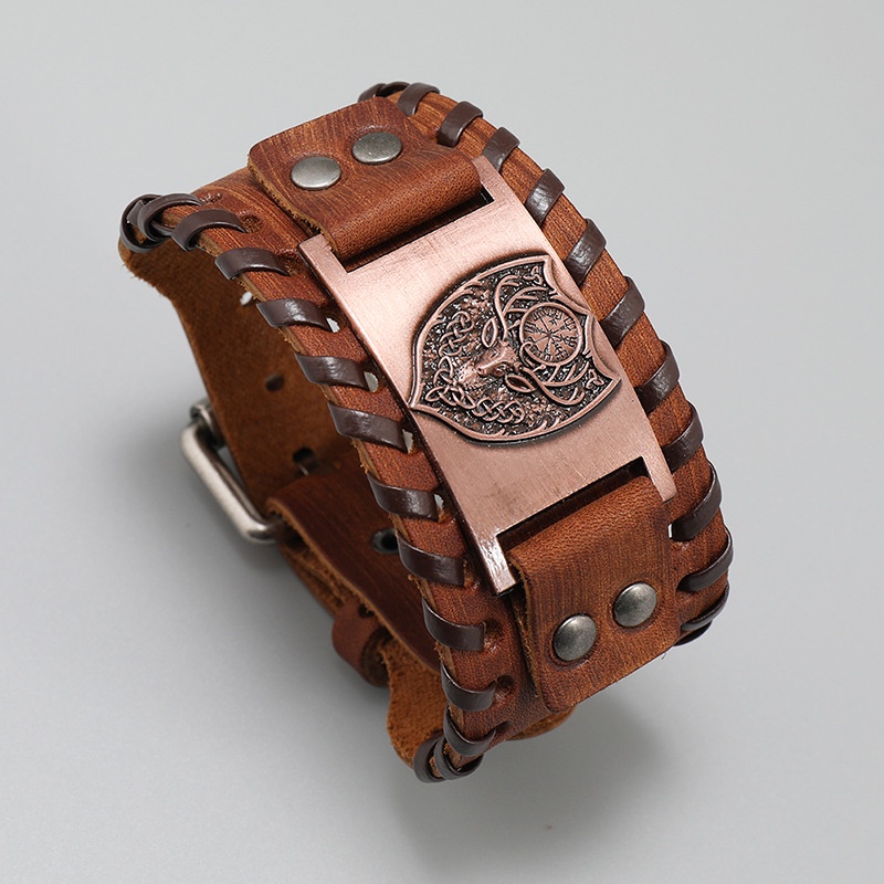 [Z H Perhiasan] Hip Hop Retro Viking Fashion Pria Anyaman Kulit Perisai Gelang Pesta Perhiasan Aksesoris