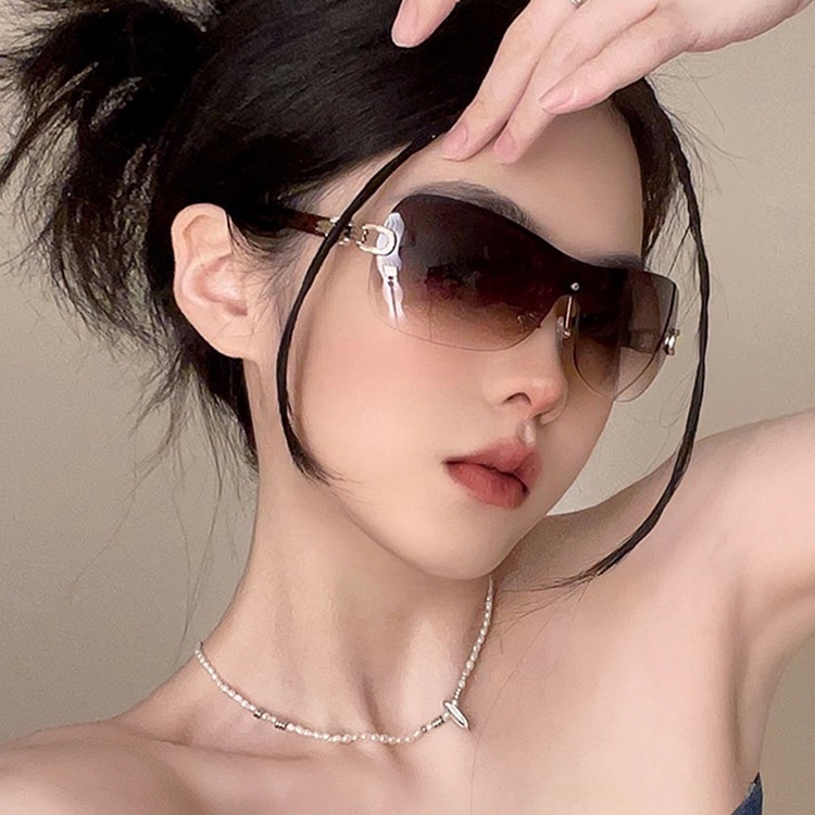 Y2k Kacamata Hitam Tanpa Bingkai Model One Piece Dengan Rantai Cincin Ganda Untuk Wanita